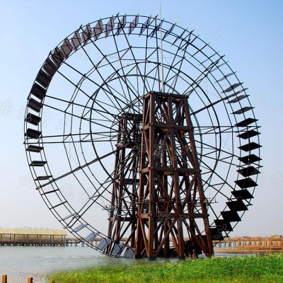户外大型落地流水摆件 防腐木旋转水车 景区农家乐网红景观工程图2