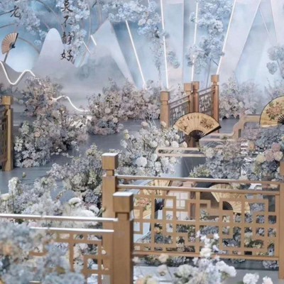 木纹中式婚庆道具楼梯扶手栏杆橱窗舞台装饰影楼围栏木制美陈图2