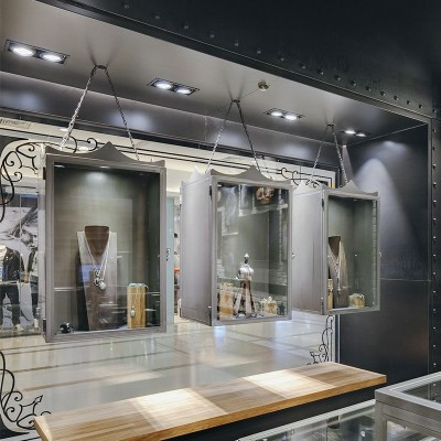 复古风格珠宝展柜不锈钢拉丝首饰展柜商场钢化玻璃珠宝展架图2