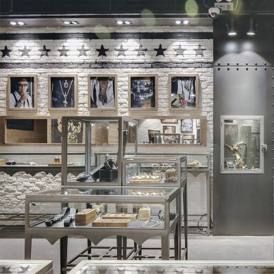 复古风格珠宝展柜不锈钢拉丝首饰展柜商场钢化玻璃珠宝展架图3