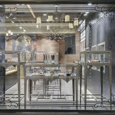 复古风格珠宝展柜不锈钢拉丝首饰展柜商场钢化玻璃珠宝展架图4