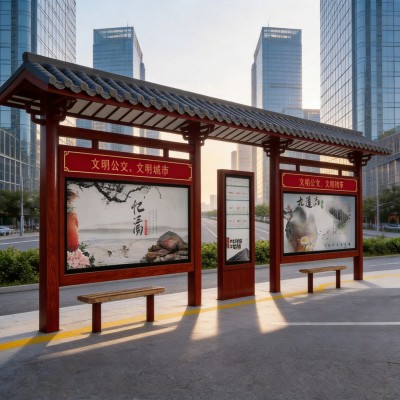 厂家批发复古户外智能候车亭灯箱创新仿古公交车站台广告候车亭图4