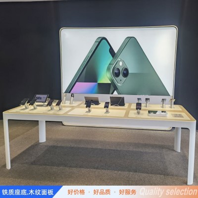 新款苹果手机体验桌电脑配件中岛精品展示柜演示桌烤漆木纹展示柜