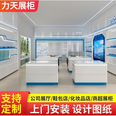 化妆品展示柜企业展厅木制烤漆带灯展柜产品陈列柜前台陈列架吧台